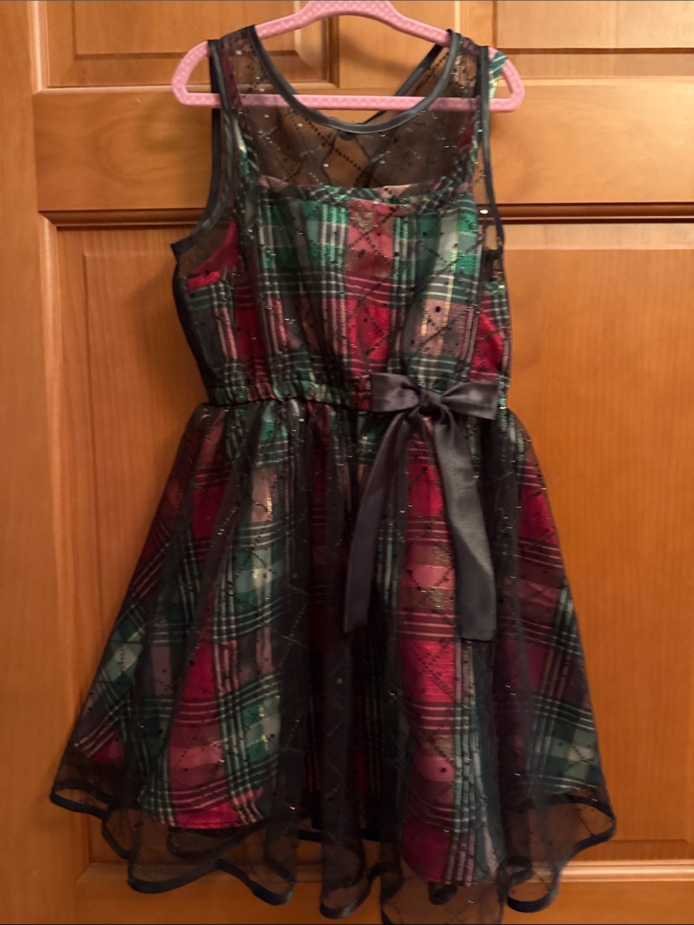 Bonnie Jean Red and Green Plaid Party Dress with Black Bow